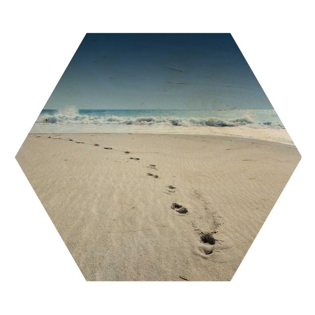 Hexagon Bild Holz - Spuren im Sand