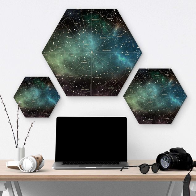 Hexagon Bild Holz - Sternbilder Karte Galaxienebel
