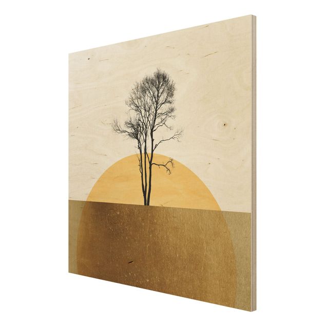 Bilder auf Holz Goldene Sonne mit Baum