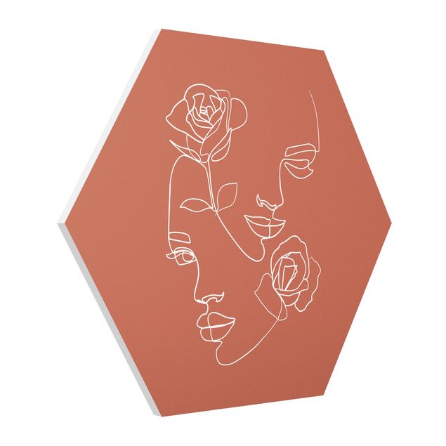 Hexagon-Bilder Line Art Gesichter Frauen Rosen Kupfer