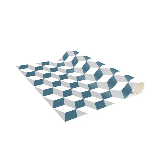 Moderner Teppich Geometrischer Fliesenmix Würfel Blaugrau