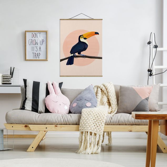 Stoffbilder mit Posterleisten Illustration Vogel Tukan Malerei Pastell