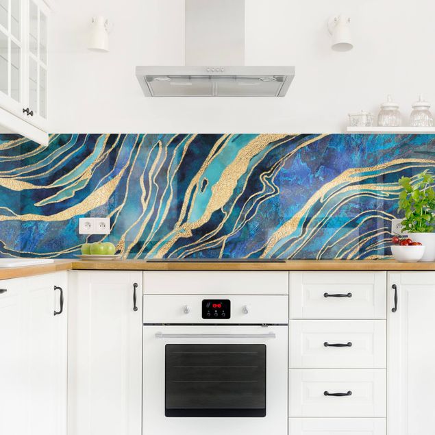 Küchenrückwand selbstklebend Edelstein Aquamarin und Gold