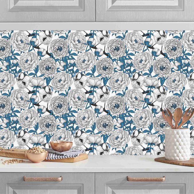 Platte Küchenrückwand Pfingstrosen und Meisen in Weiß und Blau