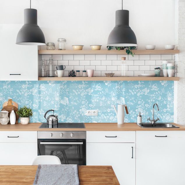 Wandpaneele Küche Blumenranken auf Blau II