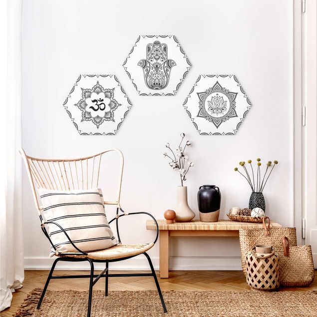 Hexagon Bild Forex 3-teilig - Hamsa Hand Lotus OM Illustration Set Schwarz Weiß