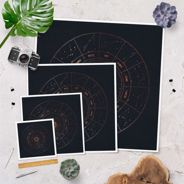 Poster - Astrologie Die 12 Sternzeichen Blau Gold - Quadrat 1:1
