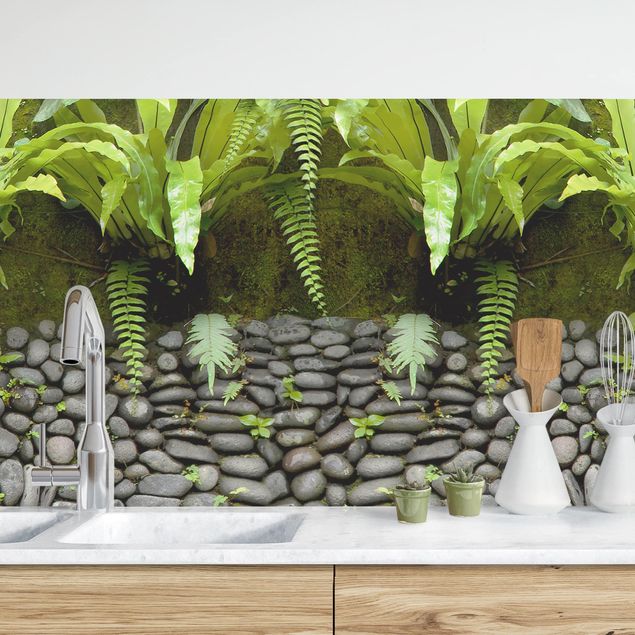 Platte Küchenrückwand Steinwand mit Pflanzen