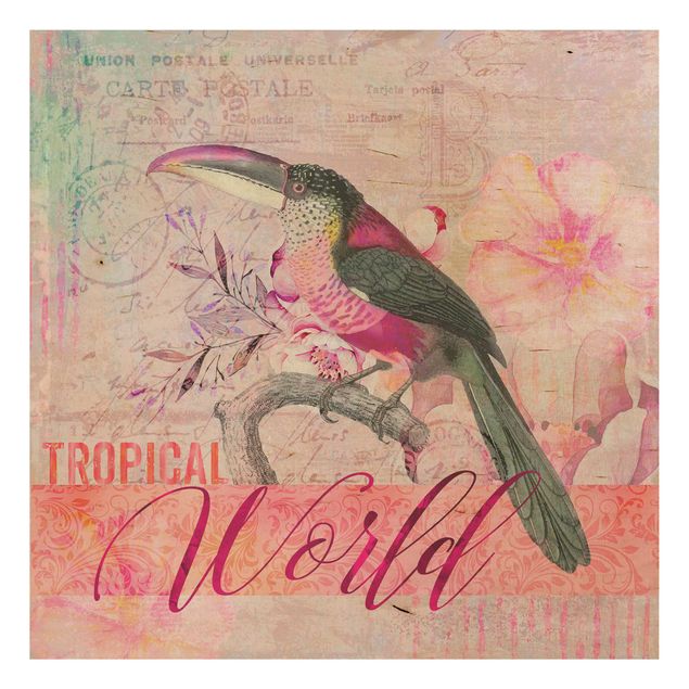 Holzbild mit Spruch Vintage Collage - Tropical World Tucan