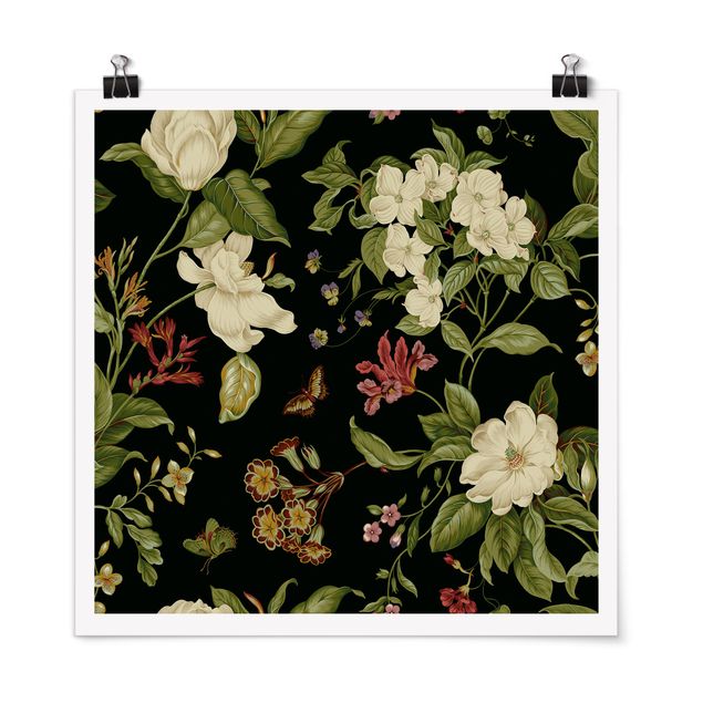 Poster mit Blumen Gartenblumen auf Schwarz II