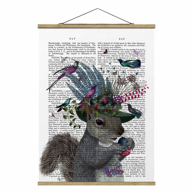 Stoffbild mit Posterleisten - Vogelfänger - Eichhörnchen mit Eicheln - Hochformat 3:4
