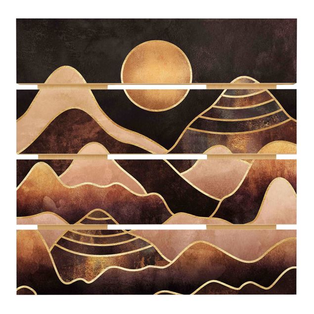 Holzbilder Goldene Sonne abstrakte Berge