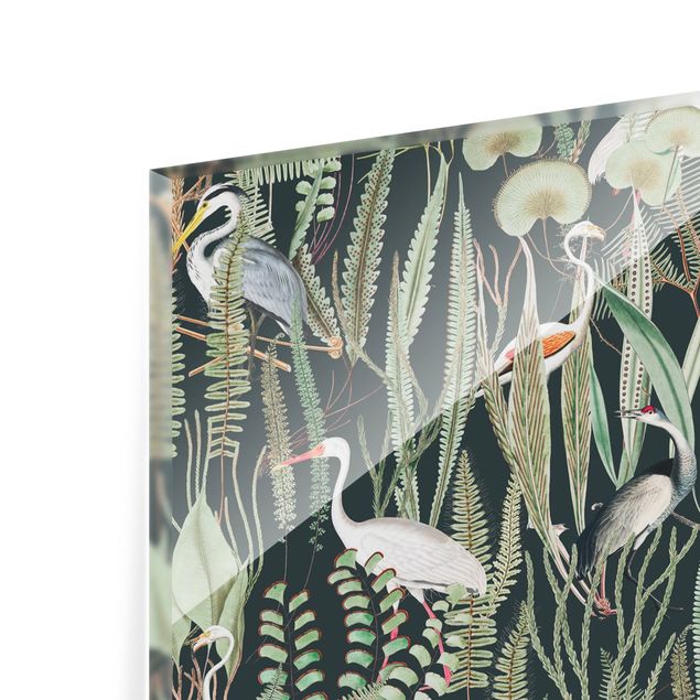 Spritzschutz Glas - Flamingos und Störche mit Pflanzen auf Grün - Querformat 2:1