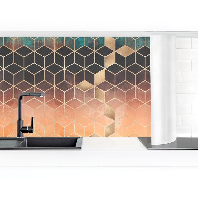 Küchenrückwand selbstklebend Türkis Rosé goldene Geometrie II