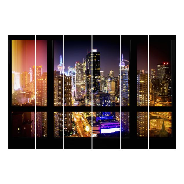 Schiebegardinen Set - Fensterblick Manhattan bei Nacht - Flächenvorhänge