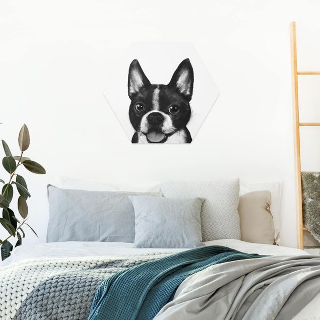 Hexagon Wandbild Illustration Hund Boston Schwarz Weiß Malerei