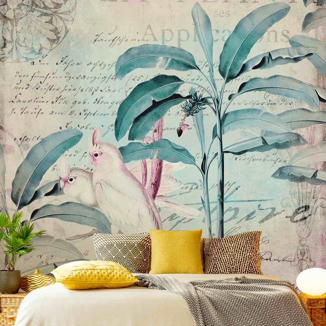 Tapete selbstklebend - Colonial Style Collage - Kakadus und Palmen - Fototapete Quadrat
