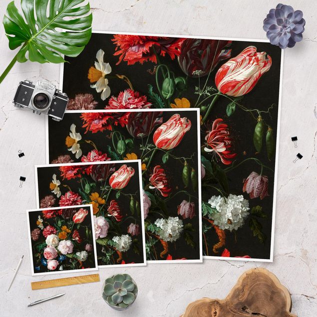 Poster - Jan Davidsz de Heem - Stillleben mit Blumen in einer Glasvase - Quadrat 1:1