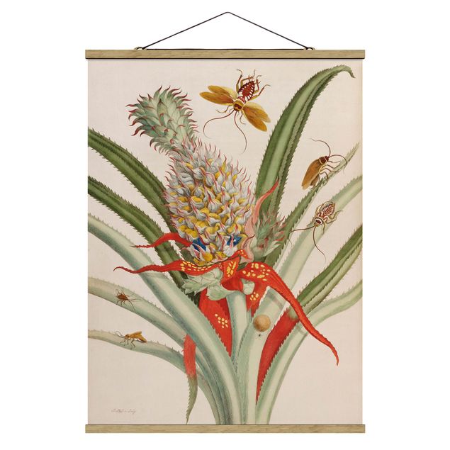 Stoffbild mit Posterleisten - Anna Maria Sibylla Merian - Ananas mit Insekten - Hochformat 3:4