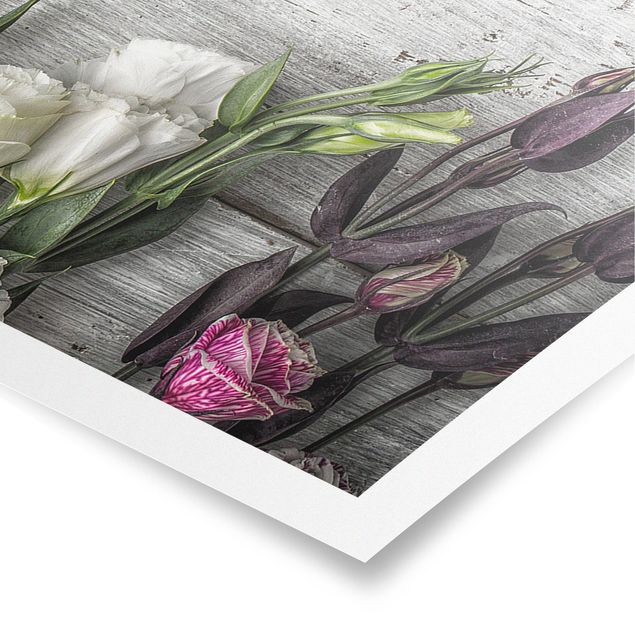Poster - Tulpen-Rose Shabby Holzoptik - Panorama Querformat