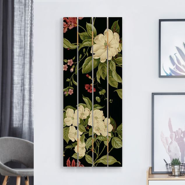 Holzbilder Blumen Gartenblumen auf Schwarz I