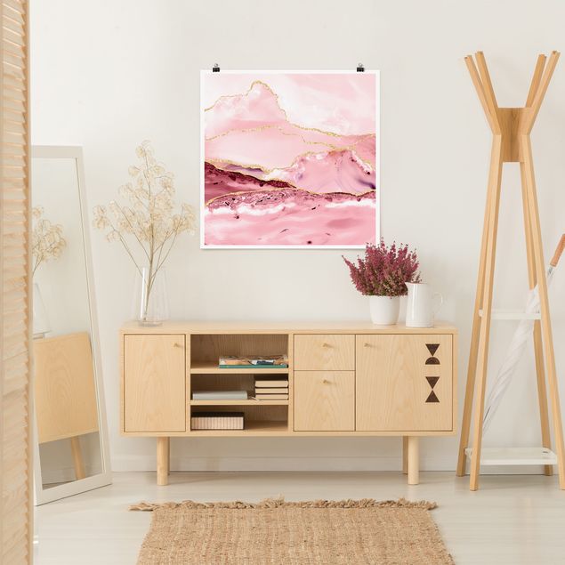 Moderne Poster Abstrakte Berge Rosa mit Goldene Linien