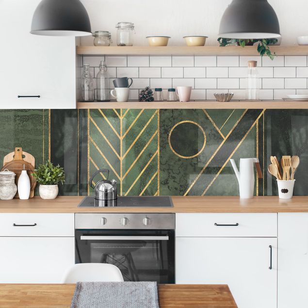 Küchenrückwand - Geometrische Formen Smaragd Gold