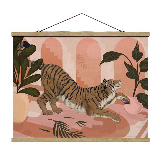 Stoffbild mit Posterleisten - Laura Graves - Illustration Tiger in Pastell Rosa Malerei - Querformat 4:3