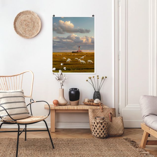 Poster Landschaft Nordsee Leuchtturm mit Schafsherde
