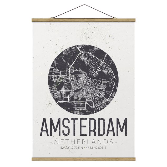 Stoffbild mit Posterleisten - Stadtplan Amsterdam - Retro - Hochformat 3:4
