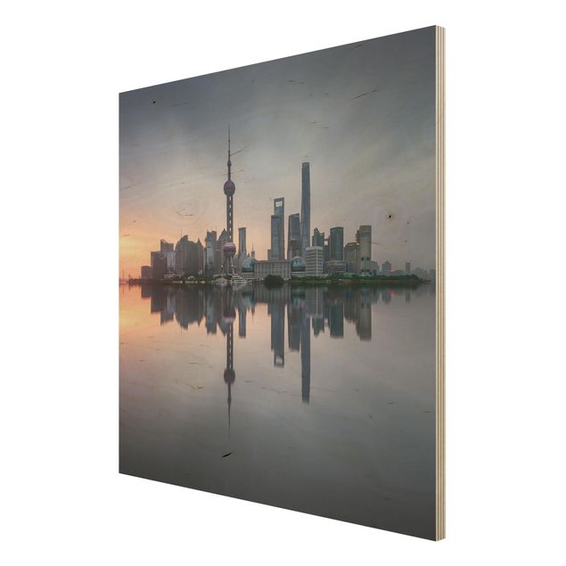 Holzbild - Shanghai Skyline Morgenstimmung - Quadrat 1:1