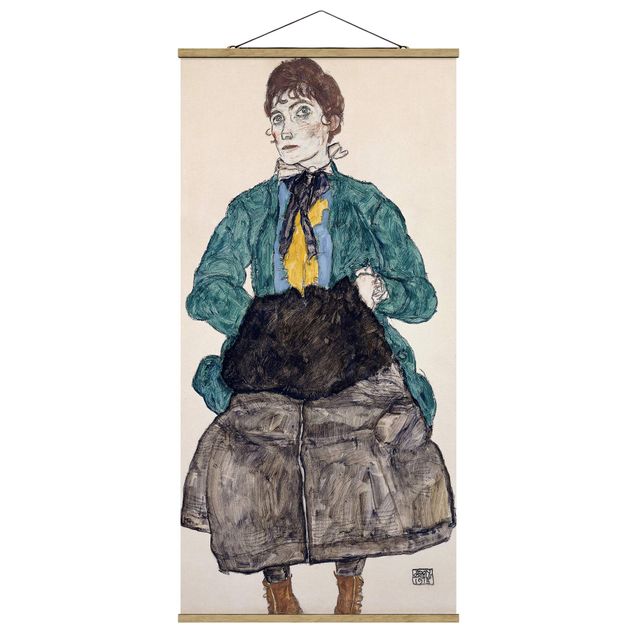 Stoffbild mit Posterleisten - Egon Schiele - Frau in grüner Bluse - Hochformat 1:2