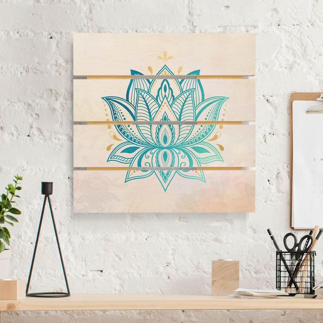 Holzbilder Muster Lotus Illustration Mandala gold blau