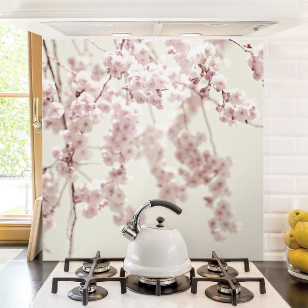 Glasrückwand Küche Blumen Kirschblütentanz