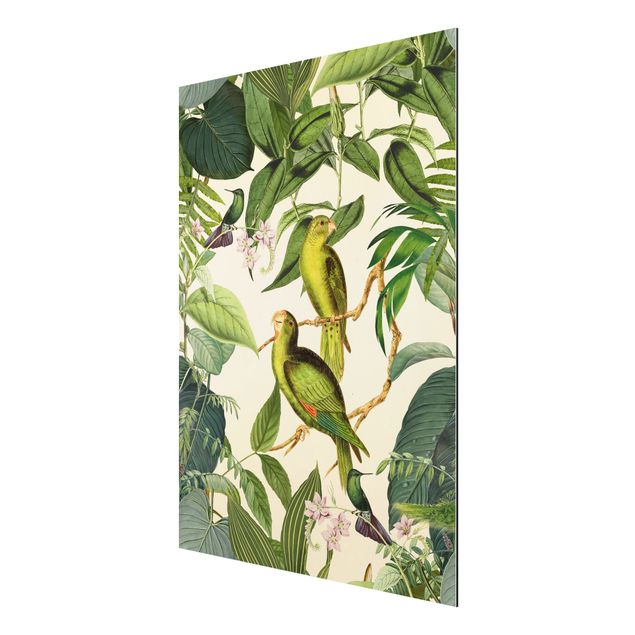 Aluminium Print gebürstet - Vintage Collage - Papageien im Dschungel - Hochformat 4:3