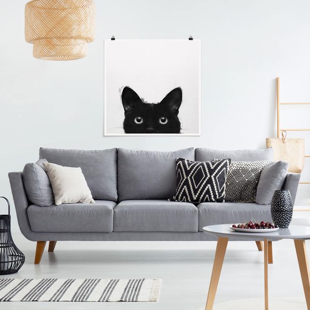 Poster schwarz-weiß Illustration Schwarze Katze auf Weiß Malerei