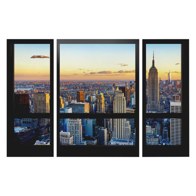 Leinwandbild 3-teilig - Fensterausblick - Sonnenaufgang New York - Triptychon