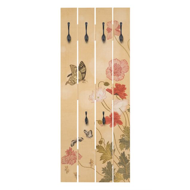 Wandgarderobe Holz - Yuanyu Ma - Mohnblumen und Schmetterlinge - Haken chrom Hochformat
