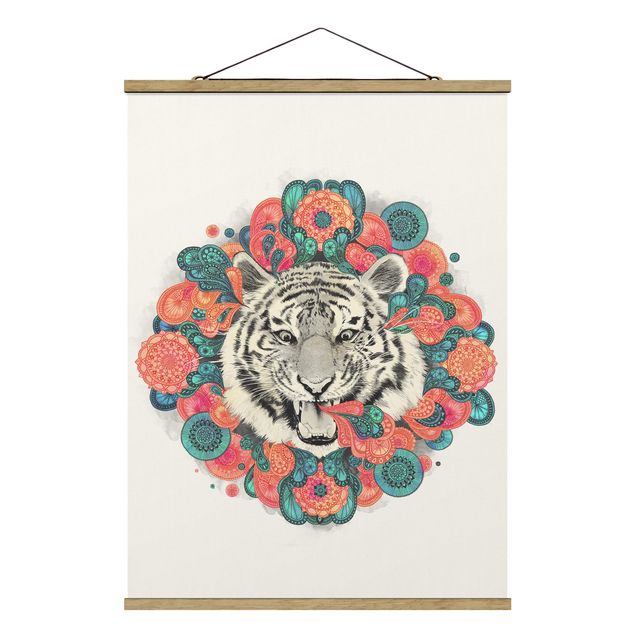 Stoffbild mit Posterleisten - Laura Graves - Illustration Tiger Zeichnung Mandala Paisley - Hochformat 3:4