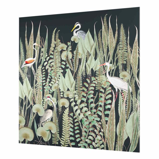 Spritzschutz Glas - Flamingo und Storch mit Pflanzen auf Grün - Quadrat 1:1