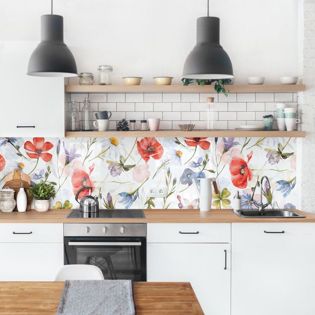 Küche Wandpaneel Aquarellierter Mohn mit Kleeblatt