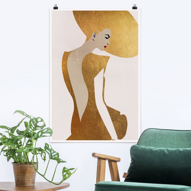 Wand Poster XXL Dame mit Hut in Gold