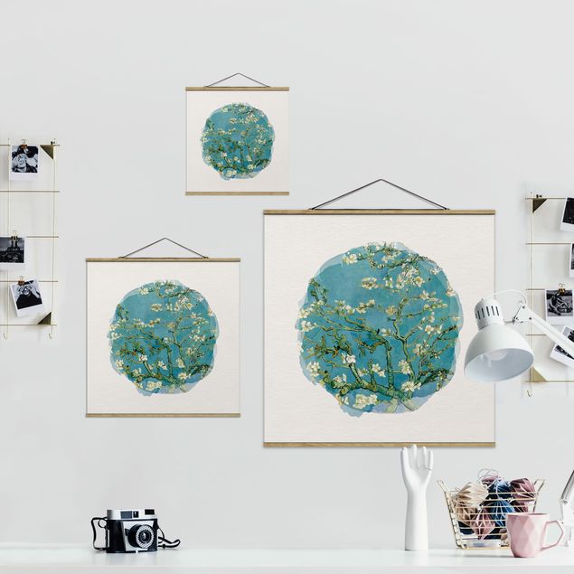 Stoffbild mit Posterleisten - Wasserfarben - Vincent van Gogh - Mandelblüte - Quadrat 1:1