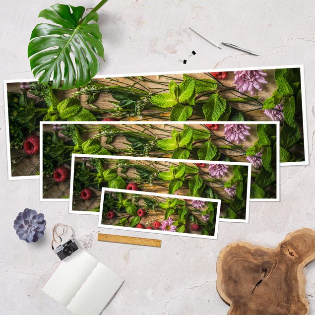 Poster - Blumen Himbeeren Minze - Panorama Querformat