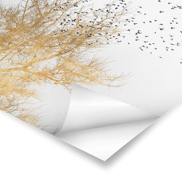 Poster - Vogelschwarm vor goldenem Baum - Quadrat 1:1
