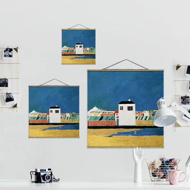 Stoffbild mit Posterleisten - Kasimir Malewitsch - Landschaft mit weißem Haus - Quadrat 1:1