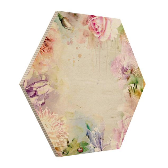 Hexagon Bild Holz - Aquarell Blütenmix Pastell