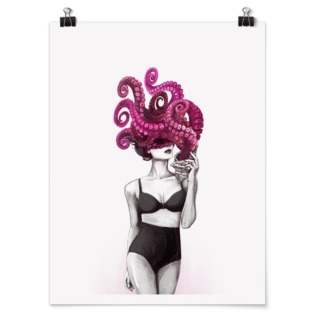 Poster - Illustration Frau in Unterwäsche Schwarz Weiß Oktopus - Hochformat 4:3