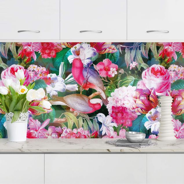 Platte Küchenrückwand Bunte Tropische Blumen mit Vögeln Pink I