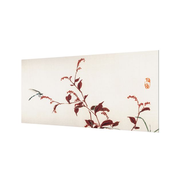 Spritzschutz Glas - Asiatische Vintage Zeichnung Roter Zweig mit Libelle - Querformat - 2:1